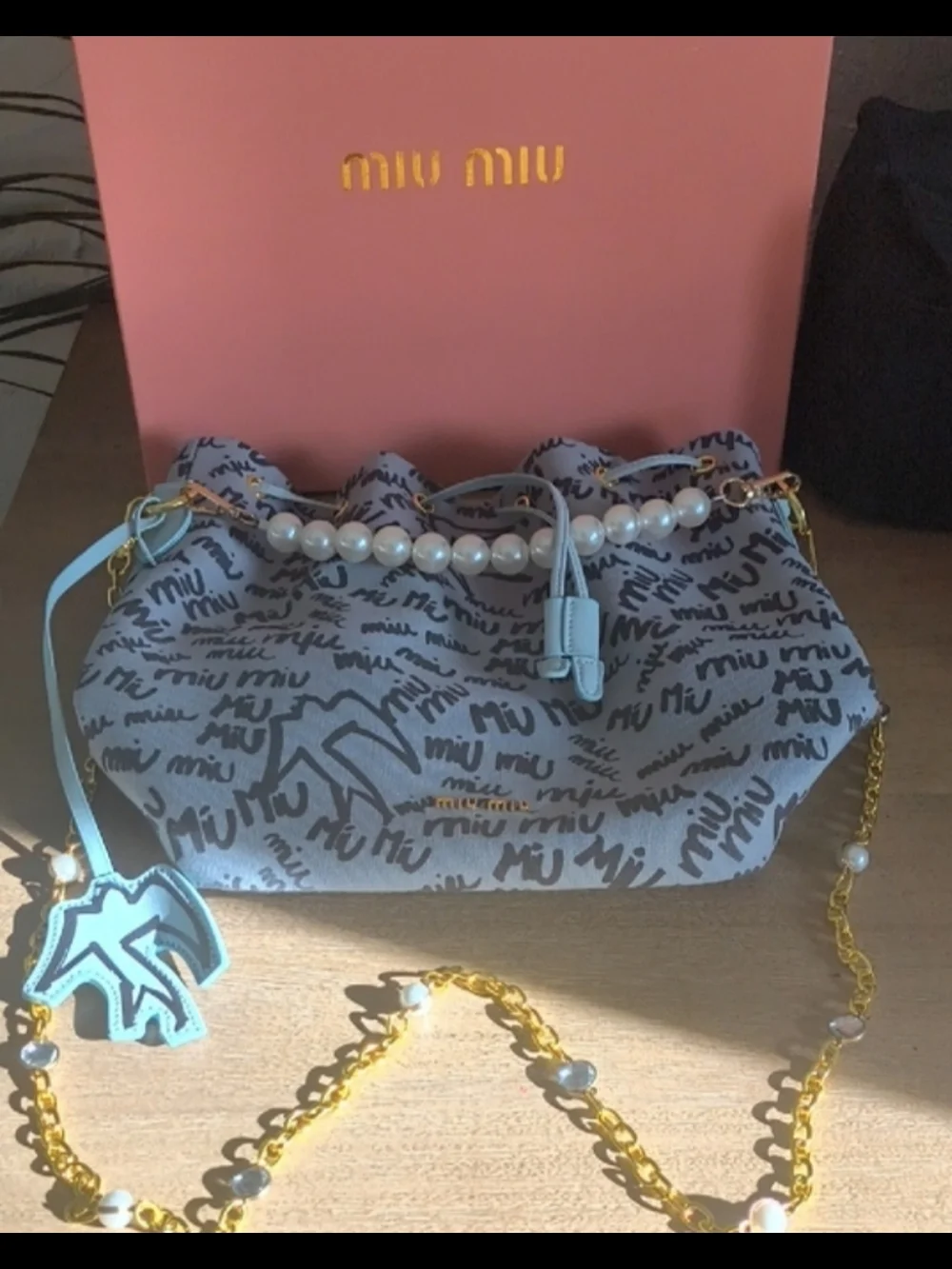 Miu Miu Gray Logo Drawstring Mini Bag with Light Blue Accents and Pearl Handle - Picture 2 of 4